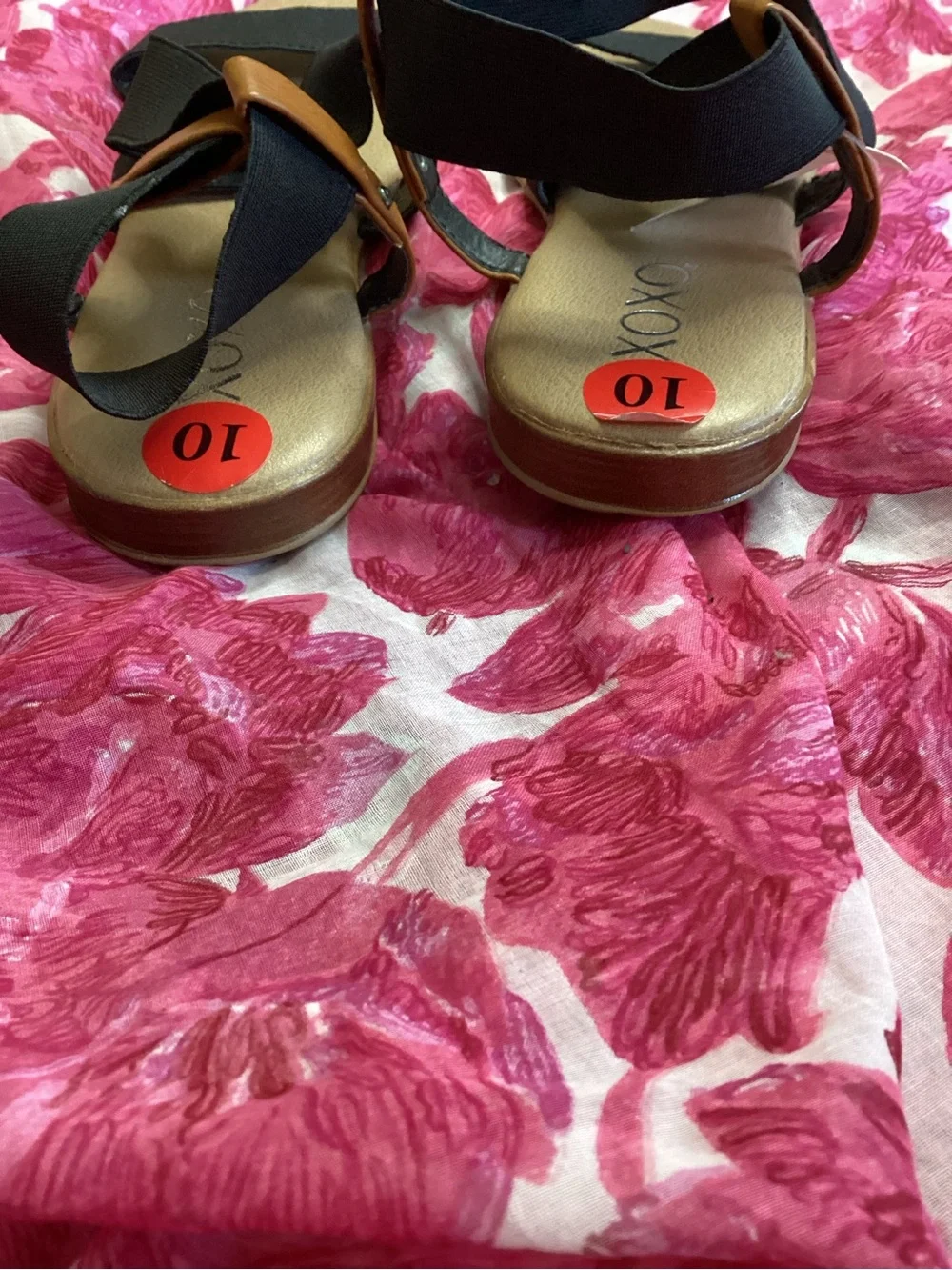 XOXO Black Elastic Crisscross Sandals with Brown Heel Accent 10